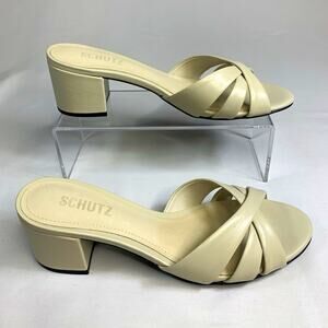 Schutz Women's Beige Leather Slide Sandals Logo Straps Block Heel US 8 EU 39